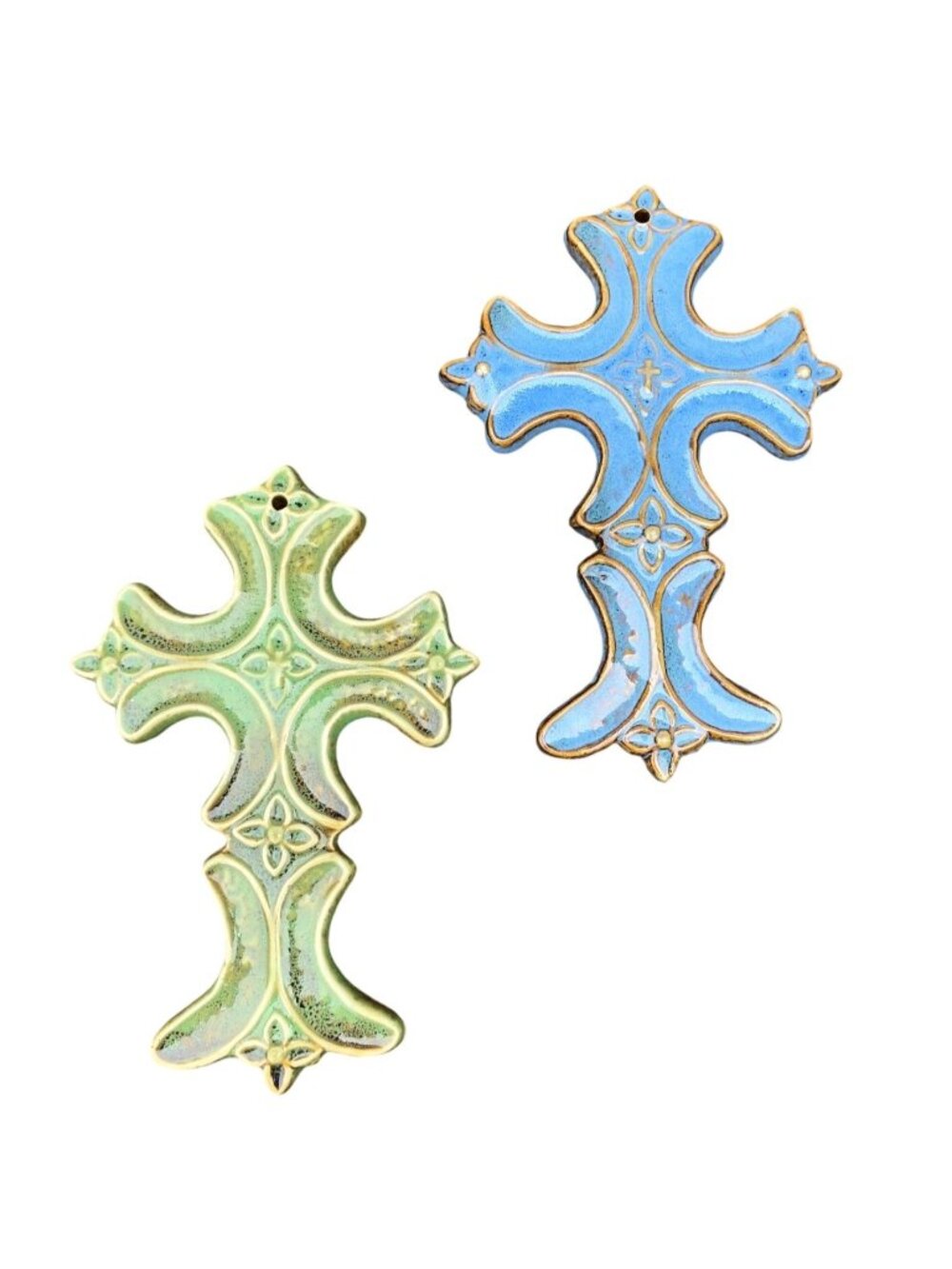 Decorative Ceramic Crosses 2 Wall Hanging Green Blue Rustic Accents Cottage Deco